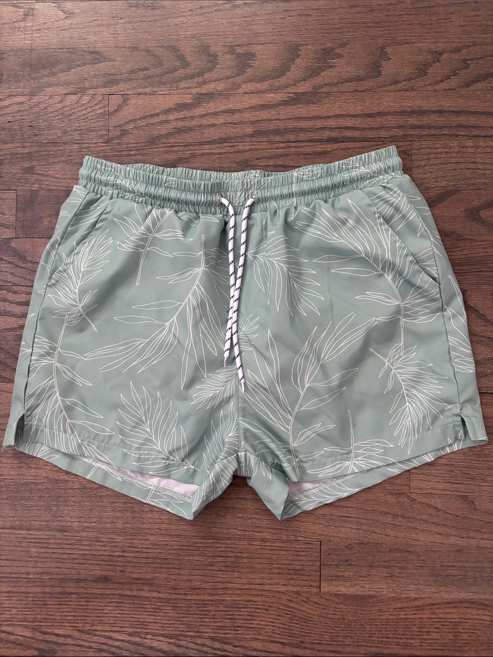 Men's Sage Green Leaf Print Swim Trunks - Picture 4 of 11